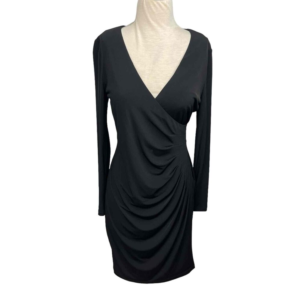 NWT Calvin Klein Womens Black Ruched Faux Wrap Long Sleeve Bodycon Dress Size 8